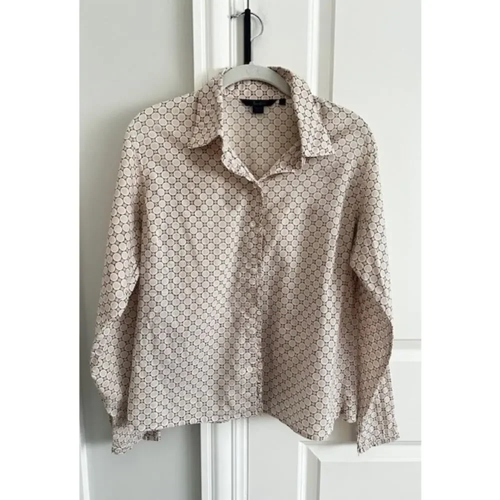 Boden Geo Dot Cotton Button Down Blouse Size: 10 Pink/Brown Pattern - Picture 2 of 10